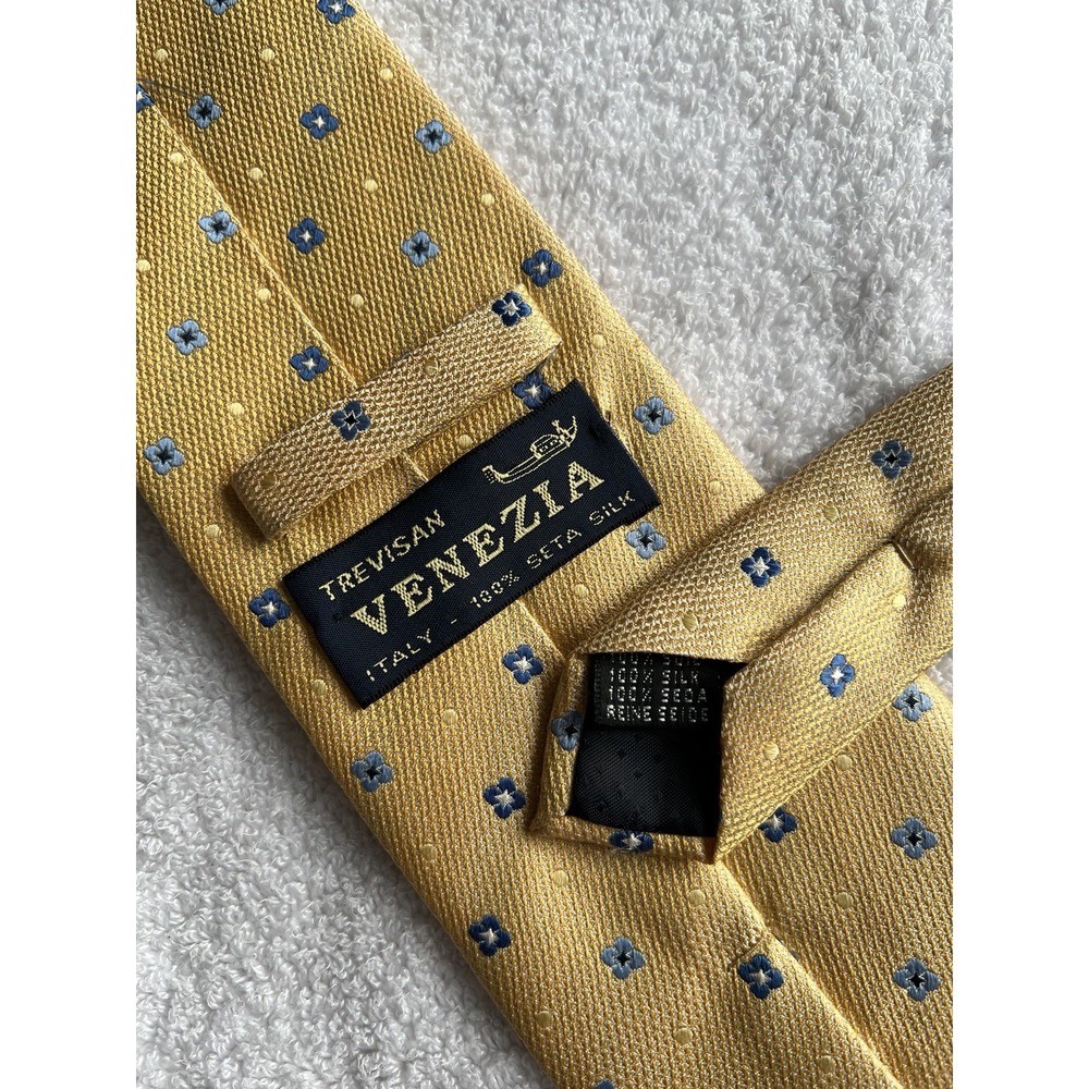 Trevisan Venezia	Yellow Blue Floral Woven Motif	100% Silk Tie Necktie Made Italy